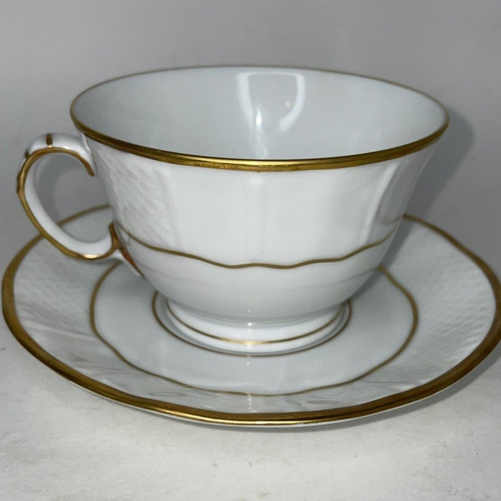 Bernardaud Limoges France Malmaison Footed Cup and Saucer Gold Trim